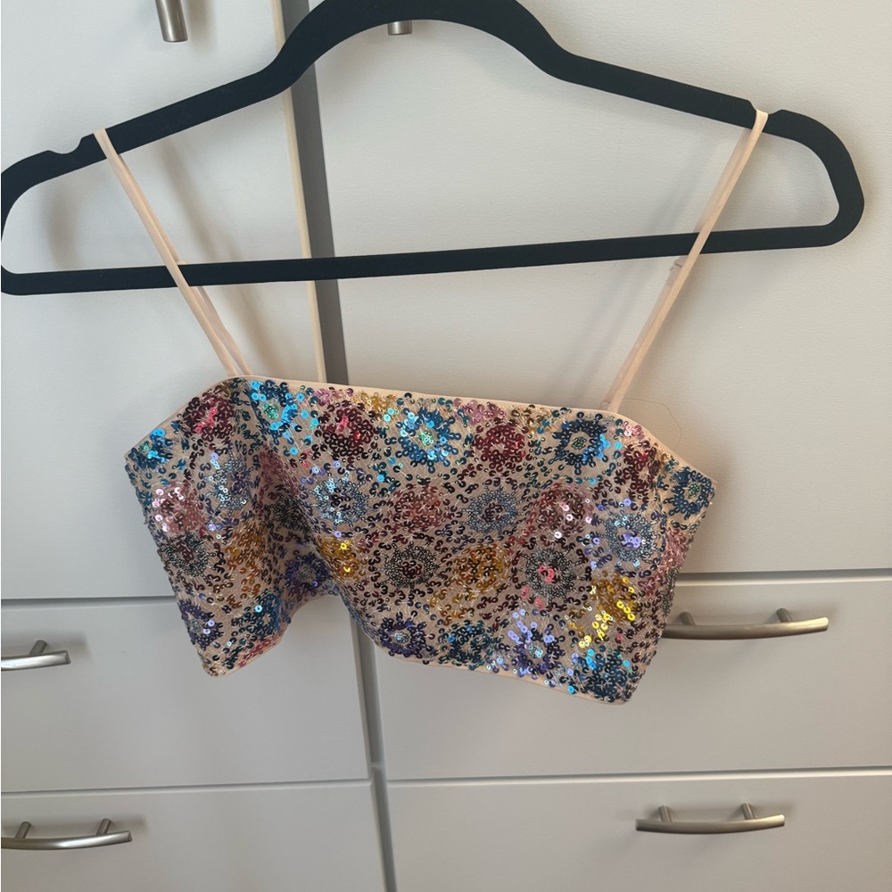 12th Tribe Blue and Brown Sequin Crop Camisole